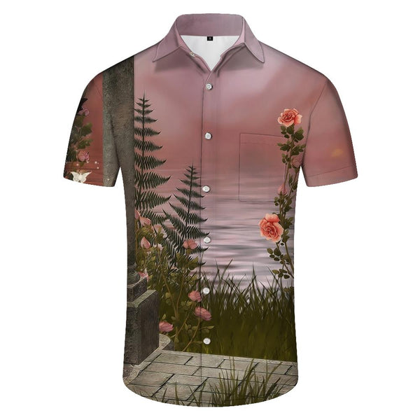 
Landscape print pattern casual men's summer loose street trend button-down lapel Hawaiian short-sleeved shirt tops
                
