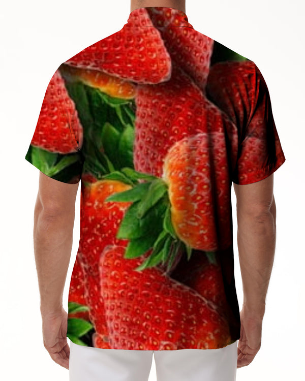 
Strawberry print pattern Hawaiian button-down lapel pockets fun and stylish cool daily travel seaside short-sleeved shirt
                