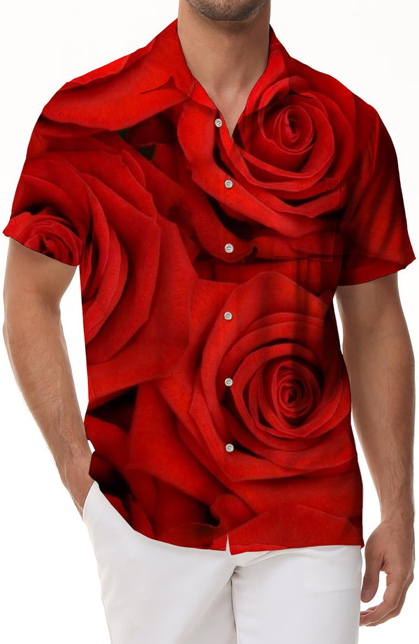 Bright Rose Comfortable Breathable Fashion Short Sleeve Shirt Men's Soft Fashion Short Sleeve Hawaiian Short Sleeve Shirt Lapel Button