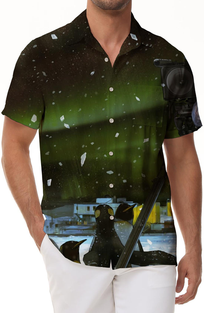 Snow Green Aurora Cute Penguin Night Sky Button-Down Short Sleeve Shirt Men's Summer Hawaiian Shirt Tropical