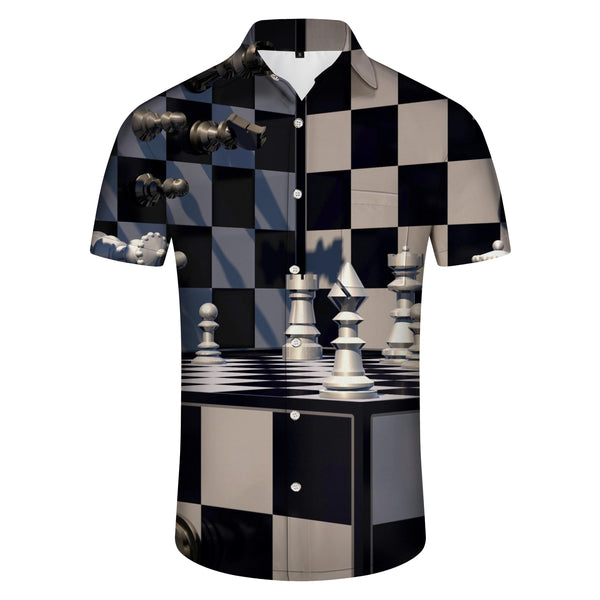 
Checkerboard style personality men's casual Hawaiian button print geometric shirt short sleeve beachwear black and white
                