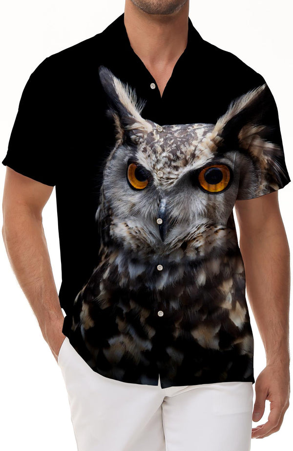 Men's Black Owl Hawaiian Shirt Casual Short Sleeve Beach Shirt Casual Tops Summer Clothes Lapel Shirt