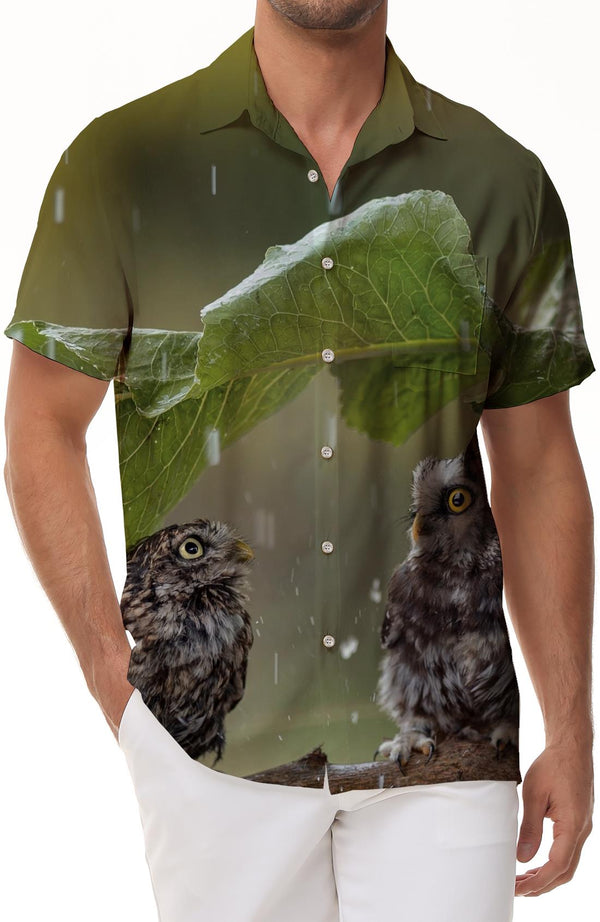 Two Owls Hiding from Rain on Tree Branches Fun Fashion Men's Casual Printed Summer Hawaiian Lapel Button Shirt Short Sleeve Style