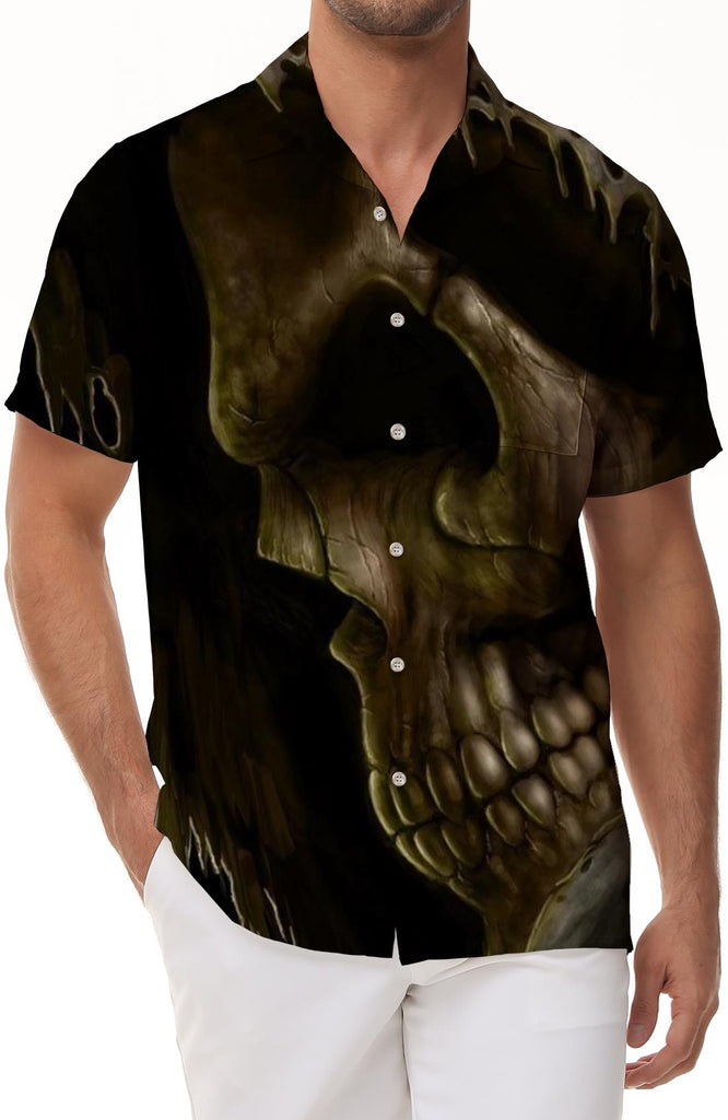 Lapel Button Down Men's 3D Skull Graphic Design Hawaiian Style Short Sleeve Shirt for Casual Summer for Daily Wear and Vacation