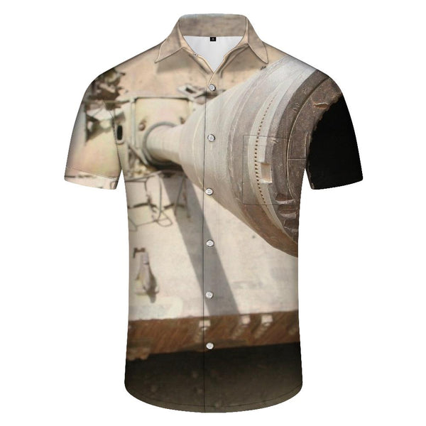 
German retro tank and battlefield ruins print Hawaiian button summer lapel four seasons top for men
                