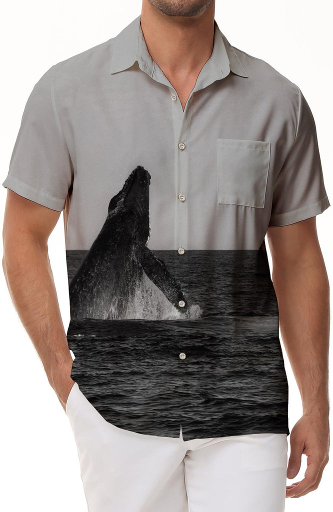Ocean Men's Whale Print Short Sleeve Hawaiian Fashion Casual Button-Down Short Sleeve Hawaiian Shirt