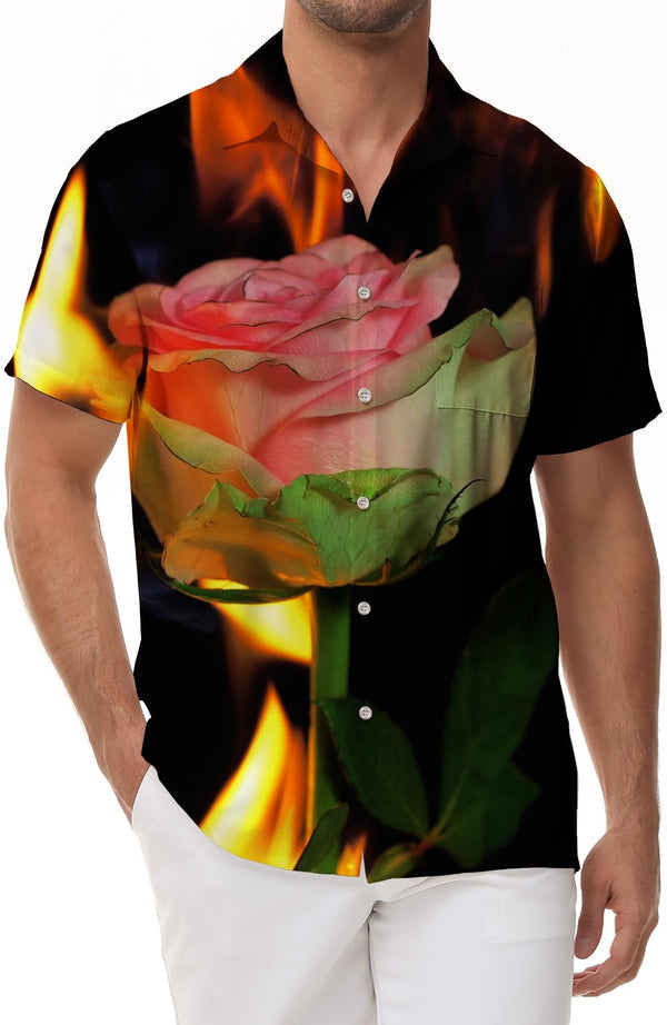 Rose pink flame men's 3D digital printing street casual fashion summer versatile lapel casual short-sleeved shirt men's
