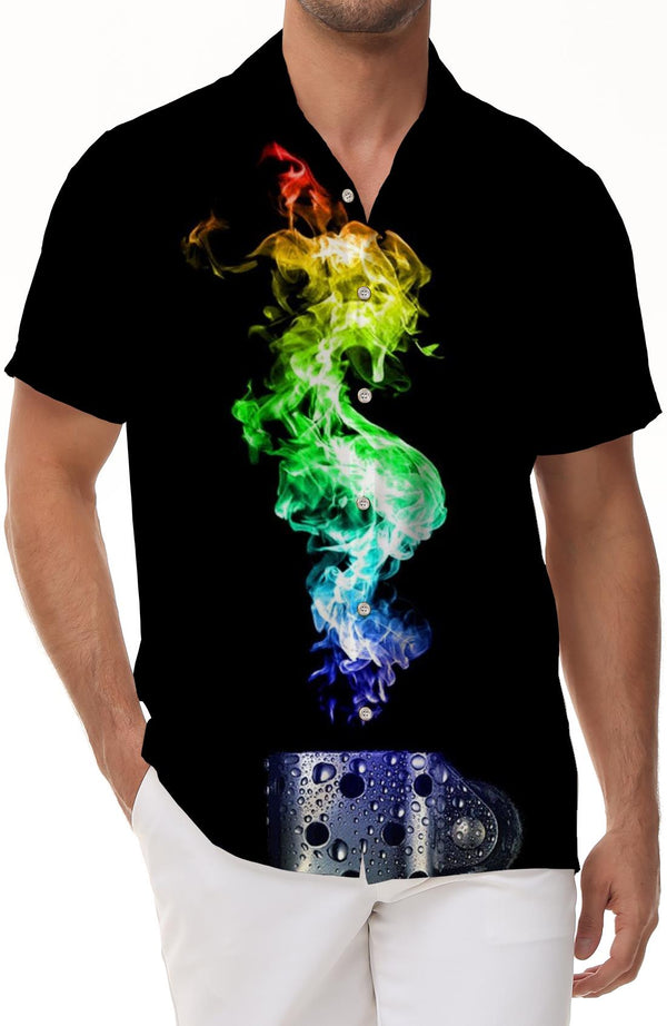 Colorful Flame Smoke Graphic Print Black Shirt Summer 3D Graphic Short Sleeve Menswear Casual Fun