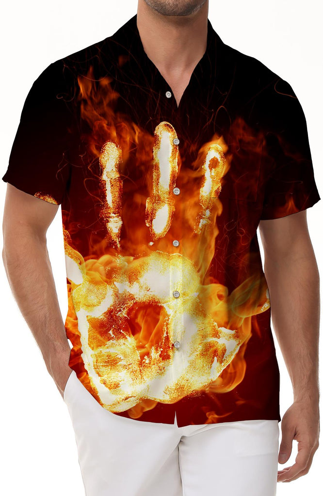 Men's 3d hell flame palm button lapel pocket men's loose Hawaiian tropical four seasons short sleeve shirt