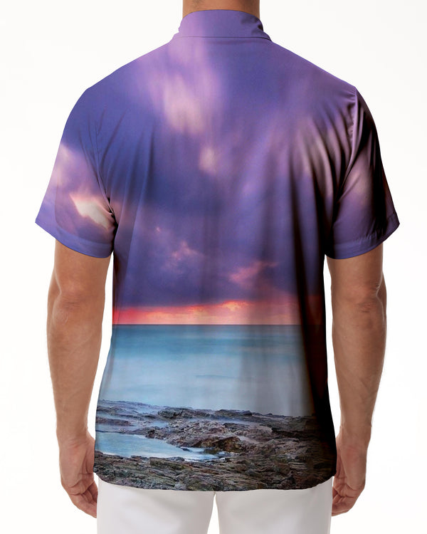 
Seychelles beach waves at sunset Men's short sleeve button down shirt Tropical Hawaiian button down lapel short sleeve shirt
                