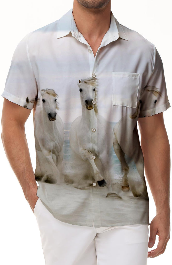 Horses in a Desert Sandstorm Summer Loose Fit Sports Top Men's Button-Down Shirt Short Sleeve Lapel Shirt