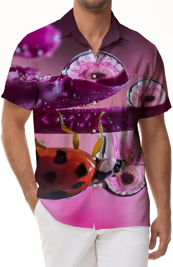 Animal Ladybug Flower Men's Casual Short Sleeve Shirt Regular Fit Fashion Camping Beach Shirt Tops