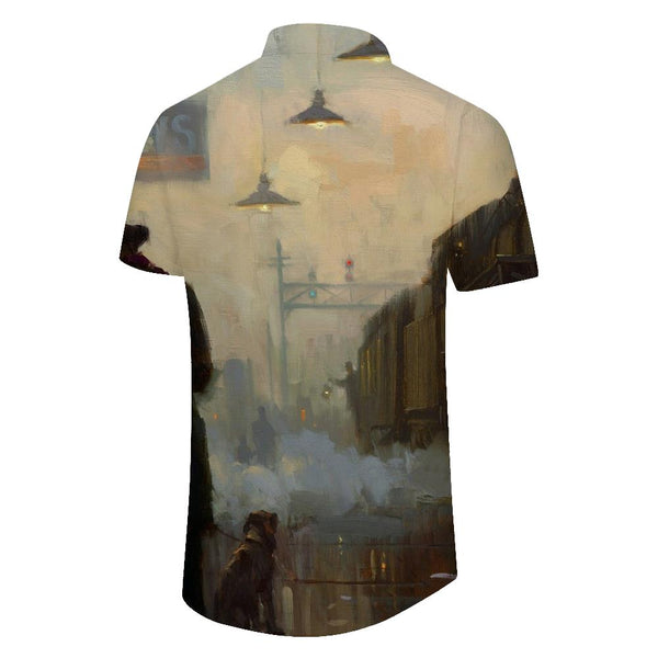 
Retro men's oil painting atmosphere street casual Hawaiian tropical rainforest four seasons button lapel pocket top
                