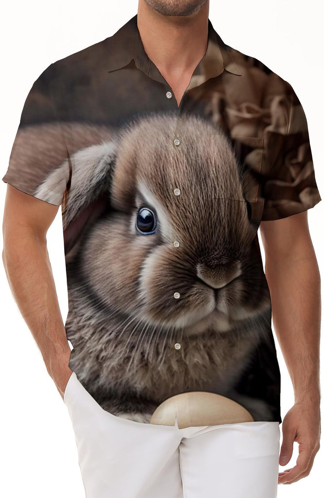 Men's Casual Loose Hawaiian Shirt Cute Bunny Short Sleeve Button Lapel Beach Shirt Tropical Vacation Beach Shirt