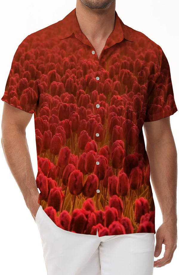 Colorful tulip print men's Hawaiian shirt short sleeve summer beach short sleeve casual short sleeve