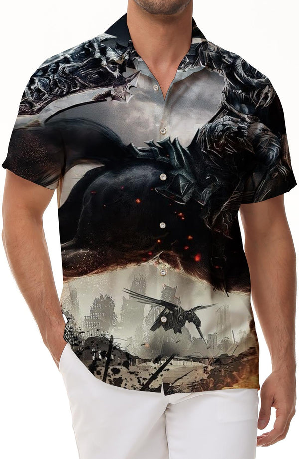 Men's casual shirts fashion retro ancient war horse print short sleeve shirts summer regular button beach shirt tops