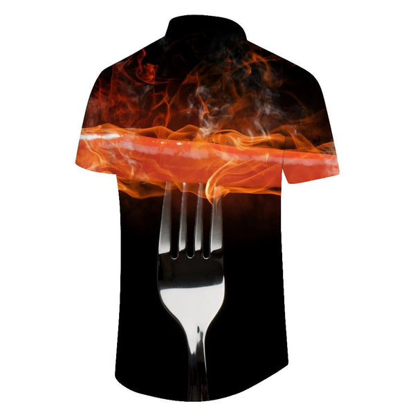
Black grilled sausage food shirt Hawaiian shirt casual short-sleeved button men's simple daily casual style
                