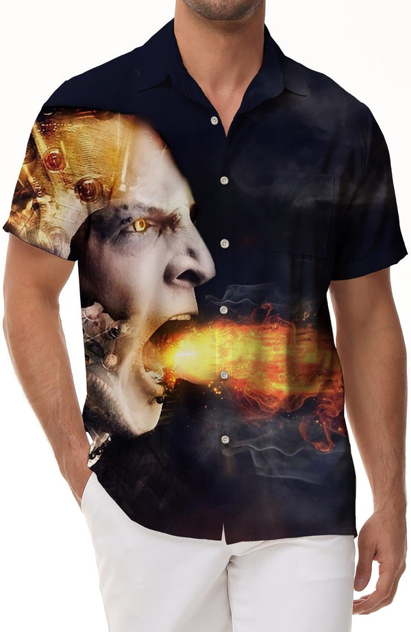 Robot Fire Breathing Men's Summer Short Sleeve Button Hawaiian Button Pocket Lapel Casual Beach Shirt Short Sleeve
