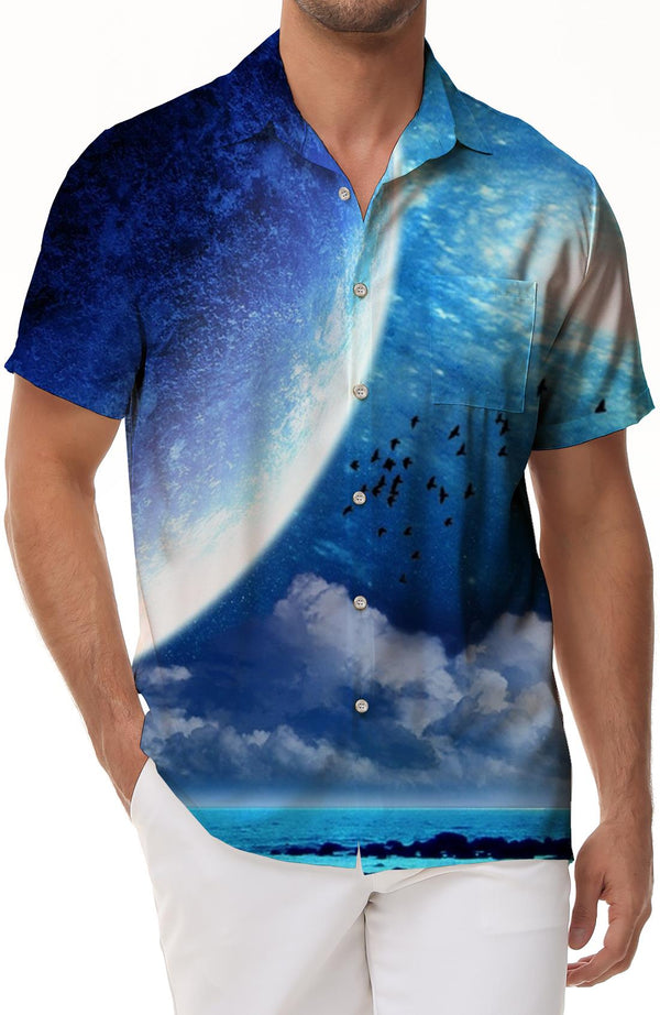 Blue Silver Sea Men's Casual Loose Vacation Tropical Seaside Beach 3D Digital Printing Fashion Short Sleeve Shirt