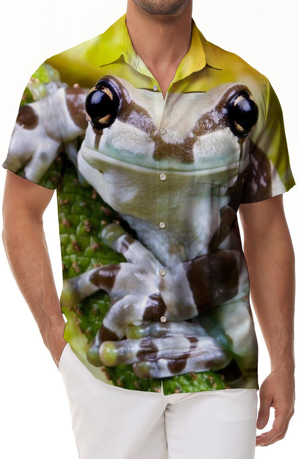 Men's Printed Hawaiian Button-Down Lapel Pocket Short Sleeve Shirt Frog Hawaiian Shirt Short Sleeve