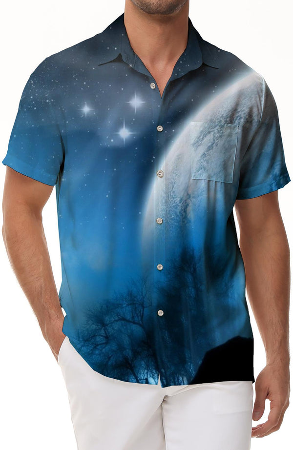 Galaxy Bright Men's Casual Outdoor Hiking Hawaiian Button Print Short Sleeve Shirt Sky Blue