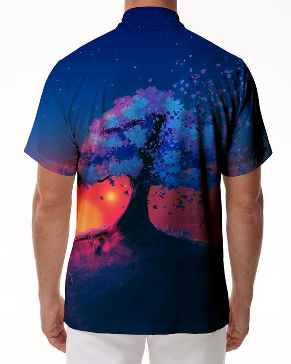 
Blue big tree dream sunset men's street trend short-sleeved men's shirt casual fashion shirt Hawaiian fashion short-sleeved design
                