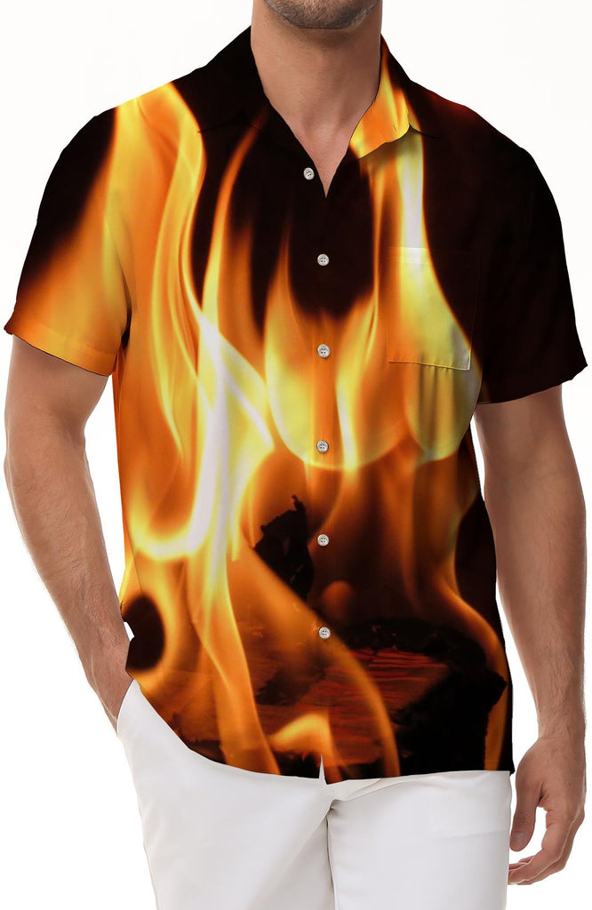 Blazing flame print pattern men's loose short-sleeved street casual holiday style retro