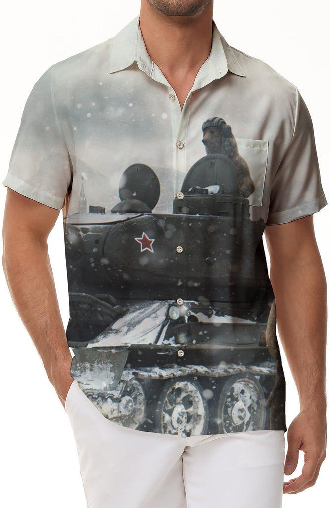 Bear Fishing Blizzard Russian Giant Panda Men's Casual Short Sleeve Shirt Button Shirt Hawaiian Shirt Fashionable