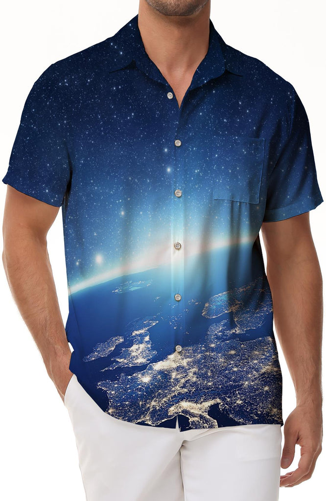 Summer Beach Casual Short Sleeve Button Shirt Casual Starry Sky Hawaiian Shirt with Pockets Men's Summer Cuban Beach
