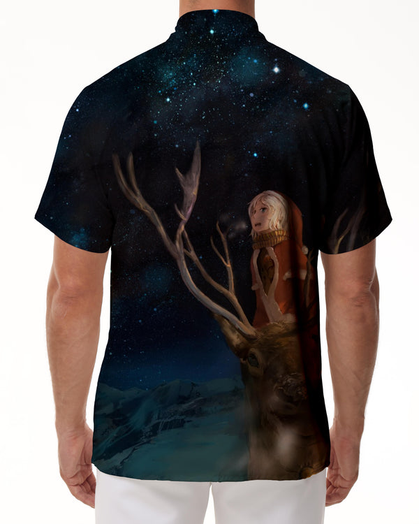 
Deer in the forest at night galaxy men shirt button down lapel short sleeve Hawaiian shirt short sleeve for outdoor fishing walking
                
