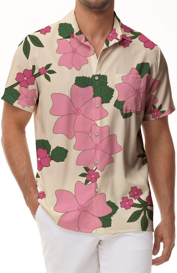 Pink Hibiscus Flower Pattern Short Sleeve 3D Digital Printing Men's Casual Loose Regular Fit Casual Beach Shirt with Pockets Hawaii