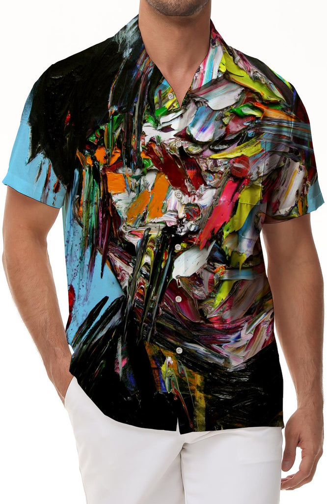 Artistic paint abstract color comfortable breathable fashion short-sleeved shirt retro style four seasons Hawaiian button pocket men's casual short-sleeved paint painting