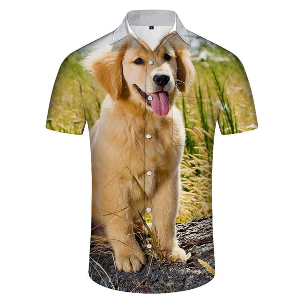
Men's Summer Beach Casual Short Sleeve Button Shirt Golden Retriever Puppy Pet Print Hawaiian Fashion Cool Shirt Tops
                