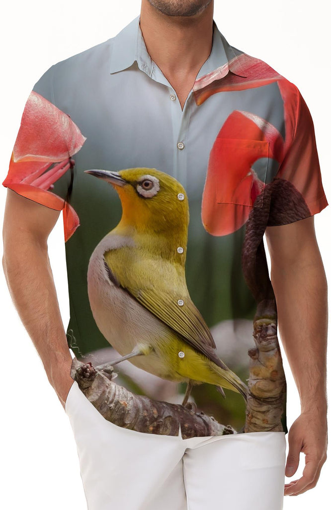 Birds on the tree suitable for summer beach men's short-sleeved shirt Hawaiian tropical casual shirt button shirt four seasons