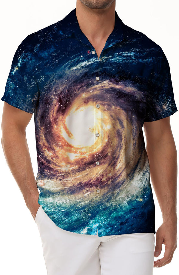Starry Sky Swirl Casual Loose Men's Hawaiian Button-Down Lapel Beach Casual Short Sleeve Button-Down Shirt