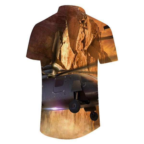 
Wilderness rescue helicopter retro style clothing Hawaiian lapel button-down summer clothing men's outdoor shirt short sleeve
                