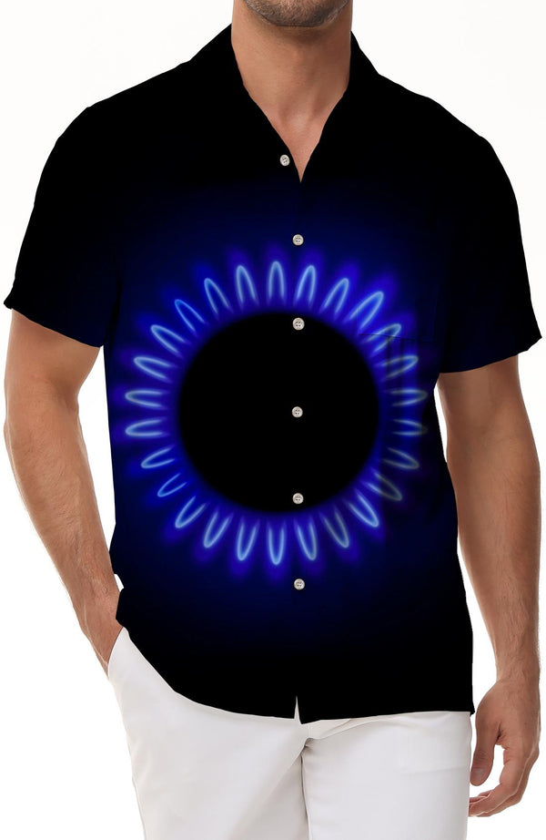 Black blue light circle beach play leisure 3D printing Hawaiian button tropical lapel lapel short-sleeved shirt top
