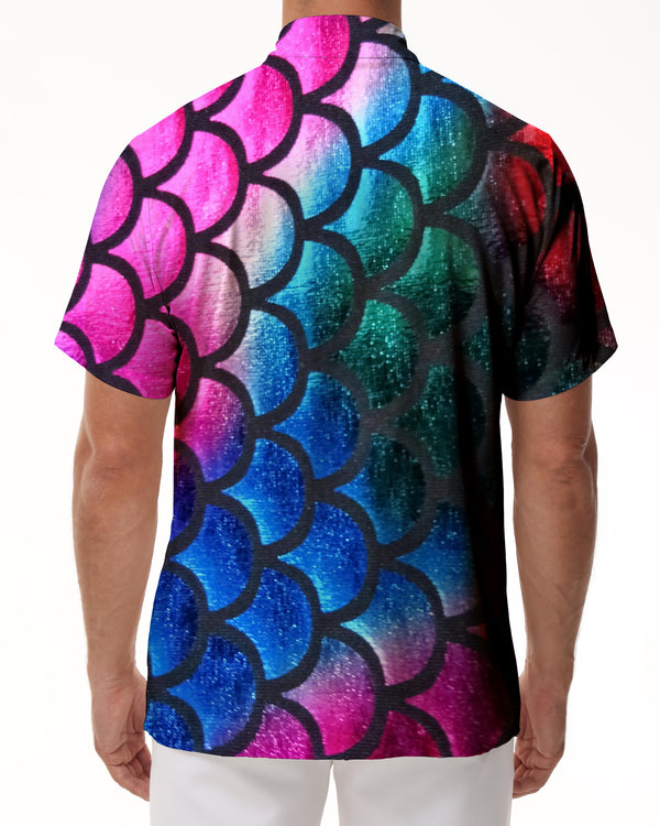 
Colorful fish scale fashion men's casual loose short sleeve cool fun tropical Hawaiian lapel button shirt
                
