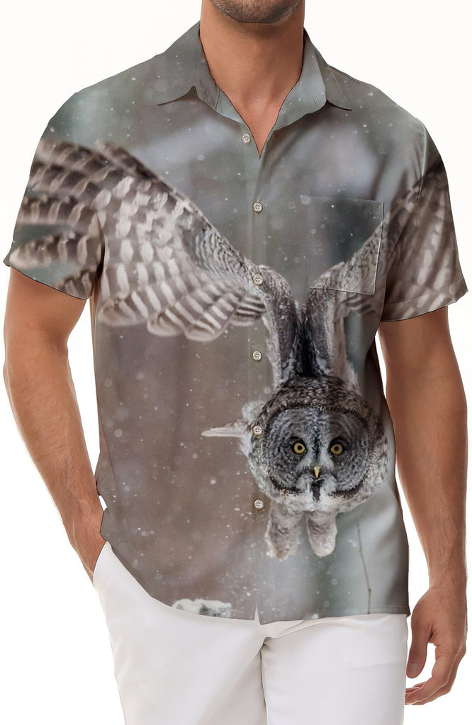 Fashion retro style soaring owl men's lapel shirt casual button down shirt short sleeve vacation beach