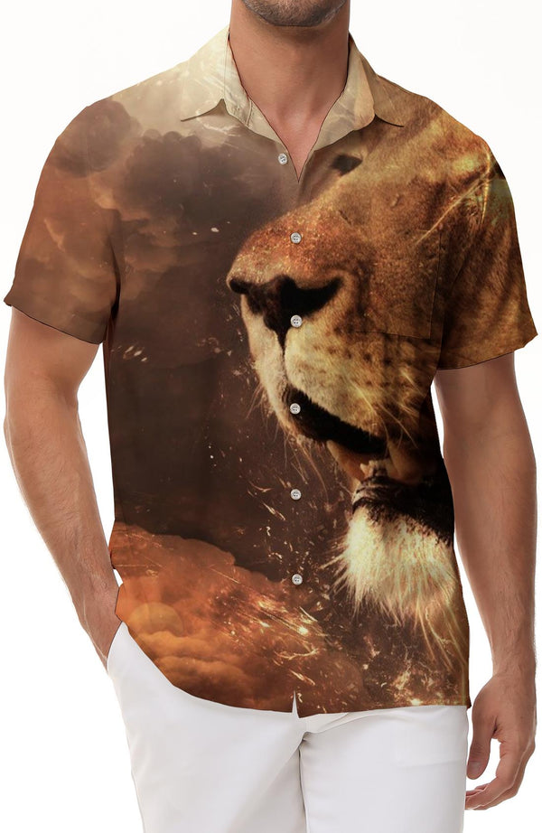 Sky of Fire Time Wild King Lion Short-sleeved Shirt Button-down Summer Hawaiian Short-sleeved Shirts for Men