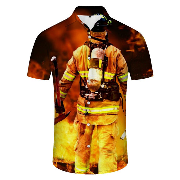 
Male firefighter soldier 3D printed men's loose fashion casual lapel short-sleeved vacation beach clothing
                