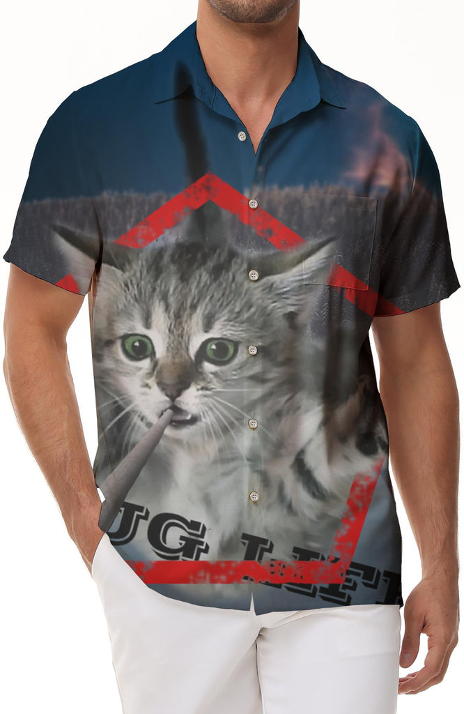 Flying Cats Print Tropical Hawaiian Shirt Men's Casual Button-Down Lapel Fashion Short Sleeve Shirt Tops