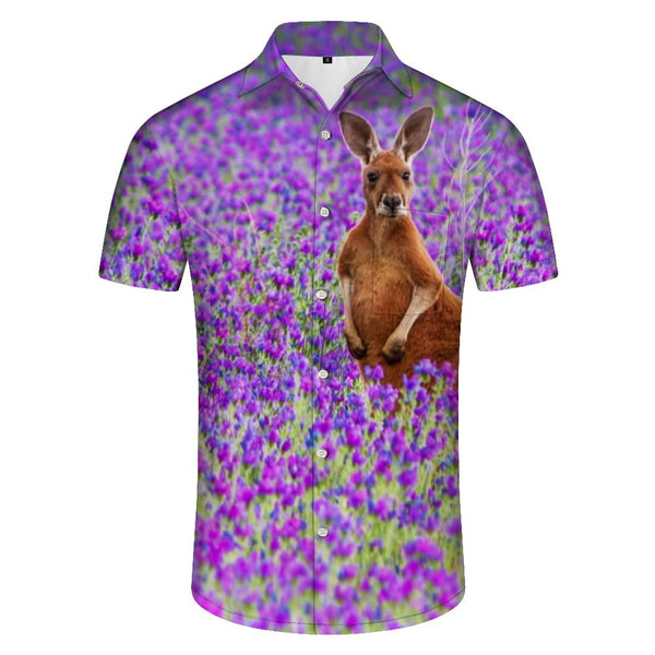 
Jungle Wildlife Kangaroo Purple Flower Sea Hawaii 3D Digital Printing Casual Men's Short Sleeve Shirt Daily Travel Clothing
                