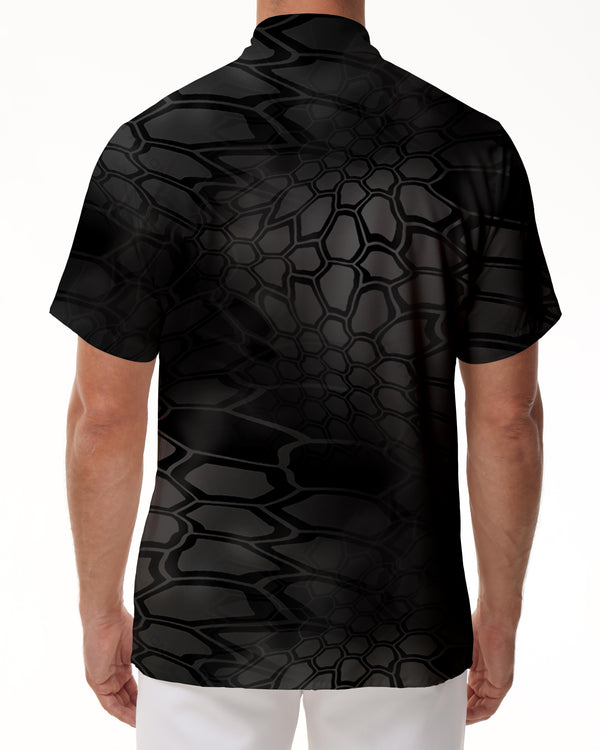 
Black geometric texture men's lapel shirt summer beach short-sleeved button-down casual shirt
                