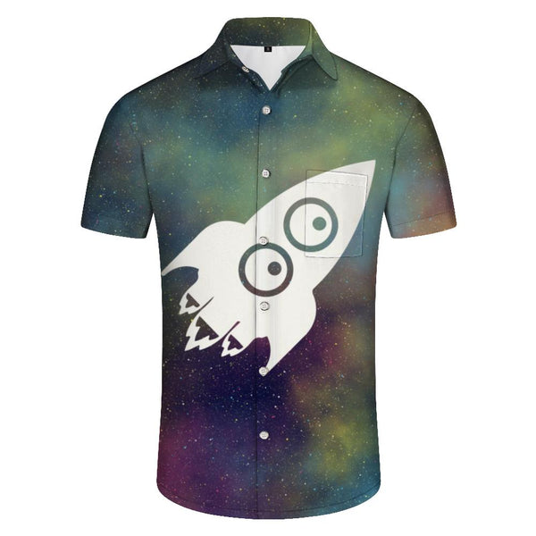 
Galaxy Silver Sea White Cartoon Rocket Print Men's Short Sleeve Shirt Casual Button-down Top Hawaii Beach Seaside
                
