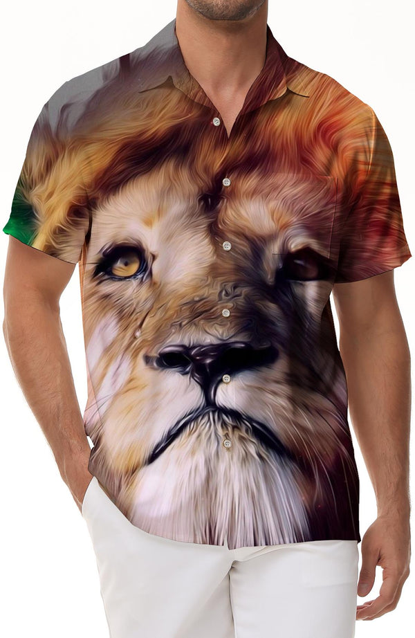 Fluffy Cute Lion Print Button Shirt Men's Casual Short Sleeve Hawaiian Beach Shirt Tops