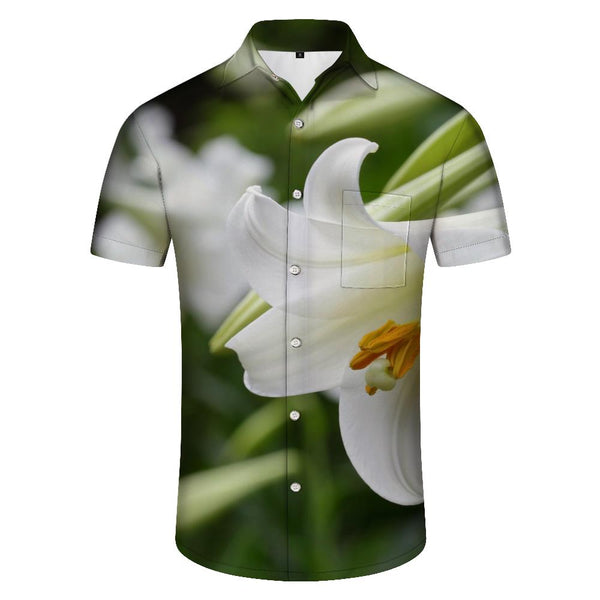 
Flowers men's white short-sleeved 3d digital printing men's casual short-sleeved shirt loose tropical four seasons Hawaiian short-sleeved shirt lily
                