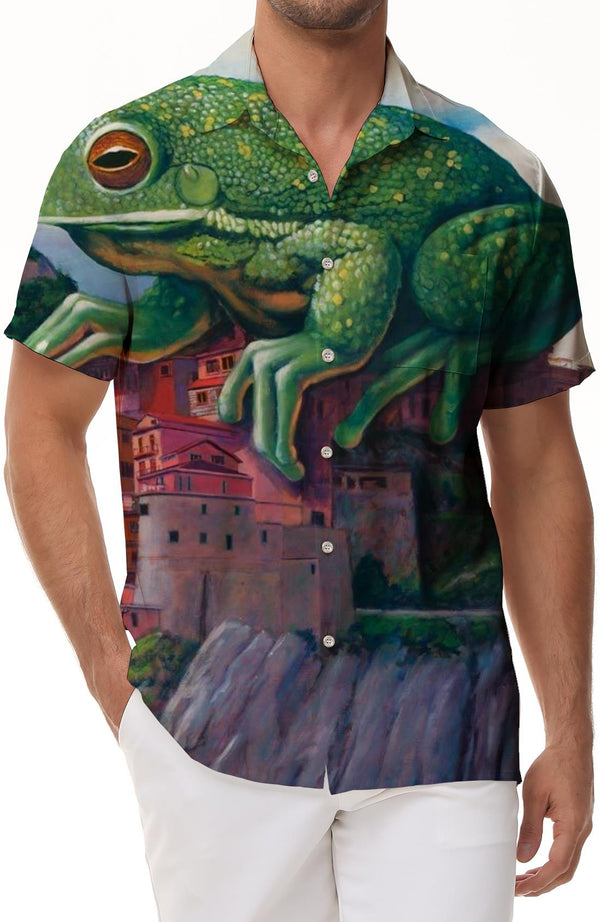 Violent Giant Frog Digital Print Pattern Hawaiian Button Shirt Short Sleeve Men's Casual Fashion Beach Shirt Vintage