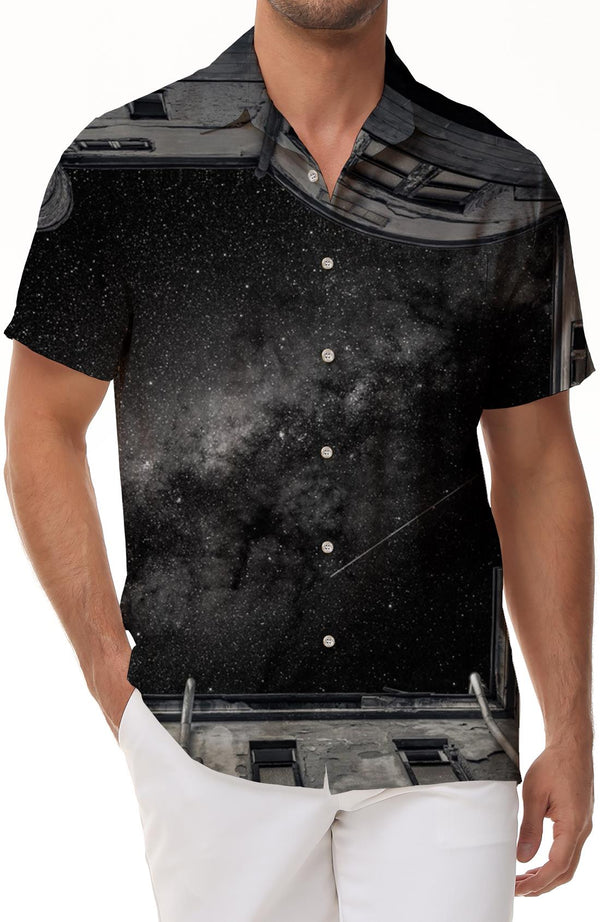 Silver Sea 3D Printed Pattern Outer Space Fantasy Hawaiian Button Pocket Lapel Men's Leisure Travel Vacation Seaside Fashion