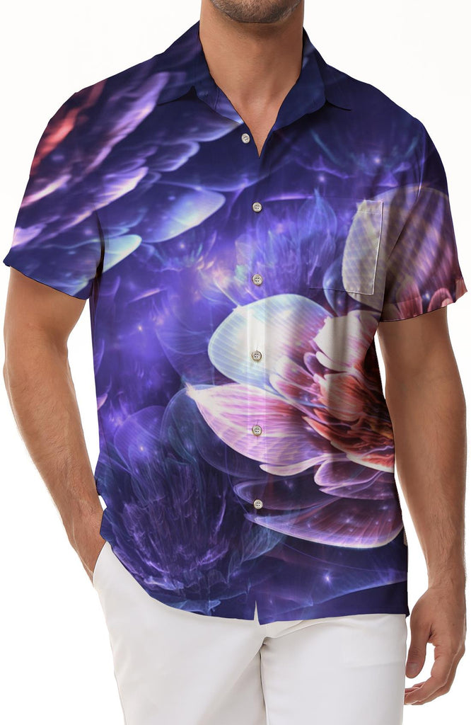 Abstract Art Neon Flowers Men's Short Sleeve Shirt Casual Button Shirt Short Sleeve Summer Top with Pockets Purple